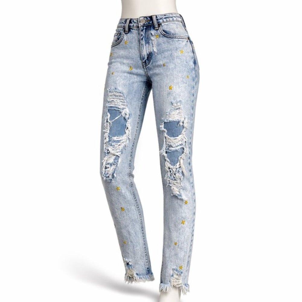 Tinseltown Star & Moon Embroidered Distressed Skinny Jeans Size 7